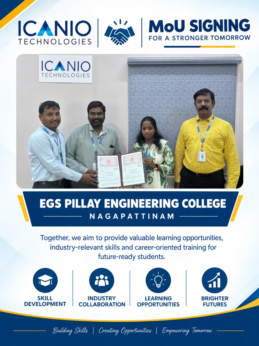 MoU between Icanio Technologies and EGS Pillay Engineering College